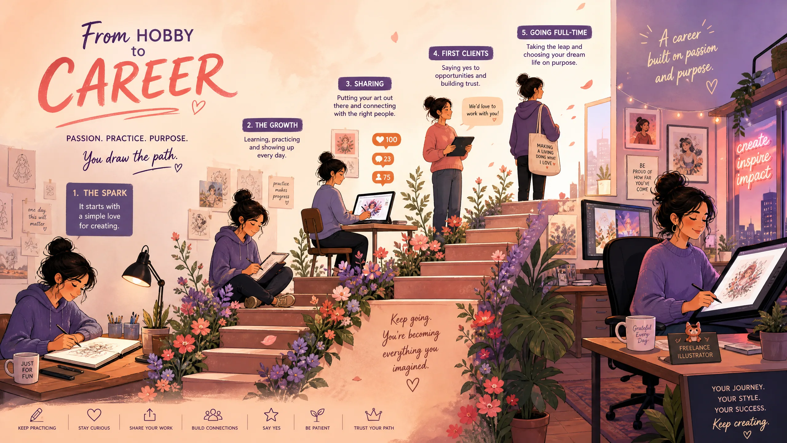 自由插画师在家庭工作室创作的场景