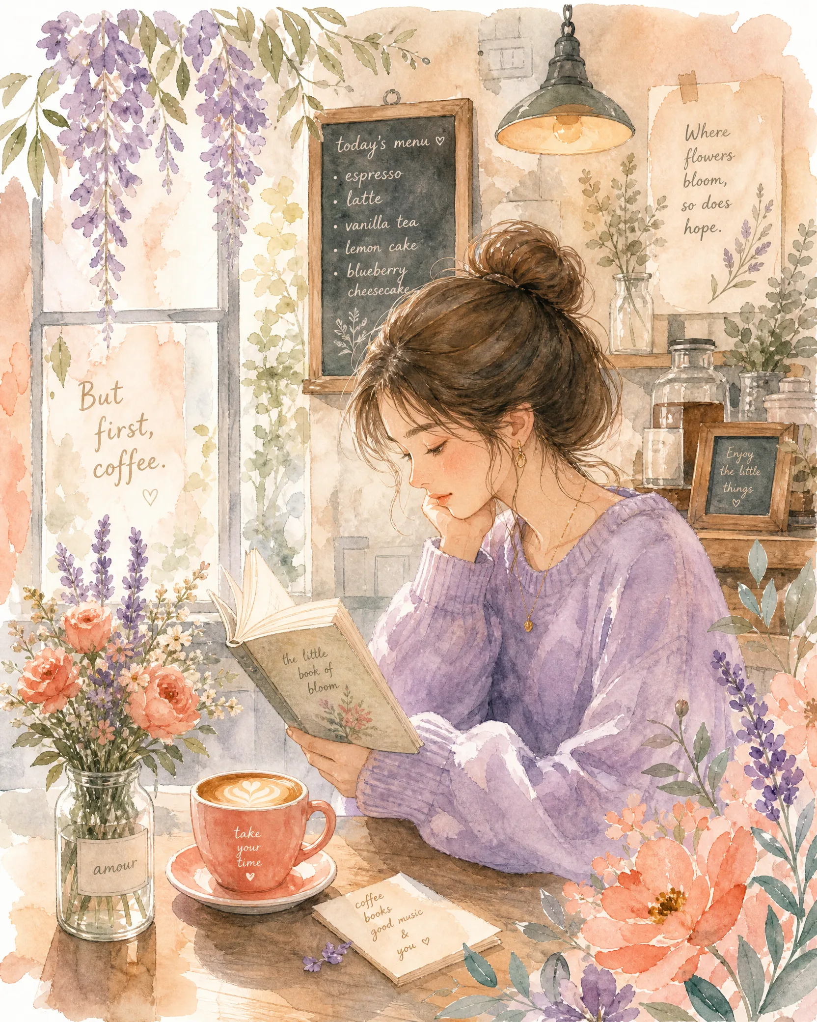 水彩﻿风格咖啡馆阅读少女插画