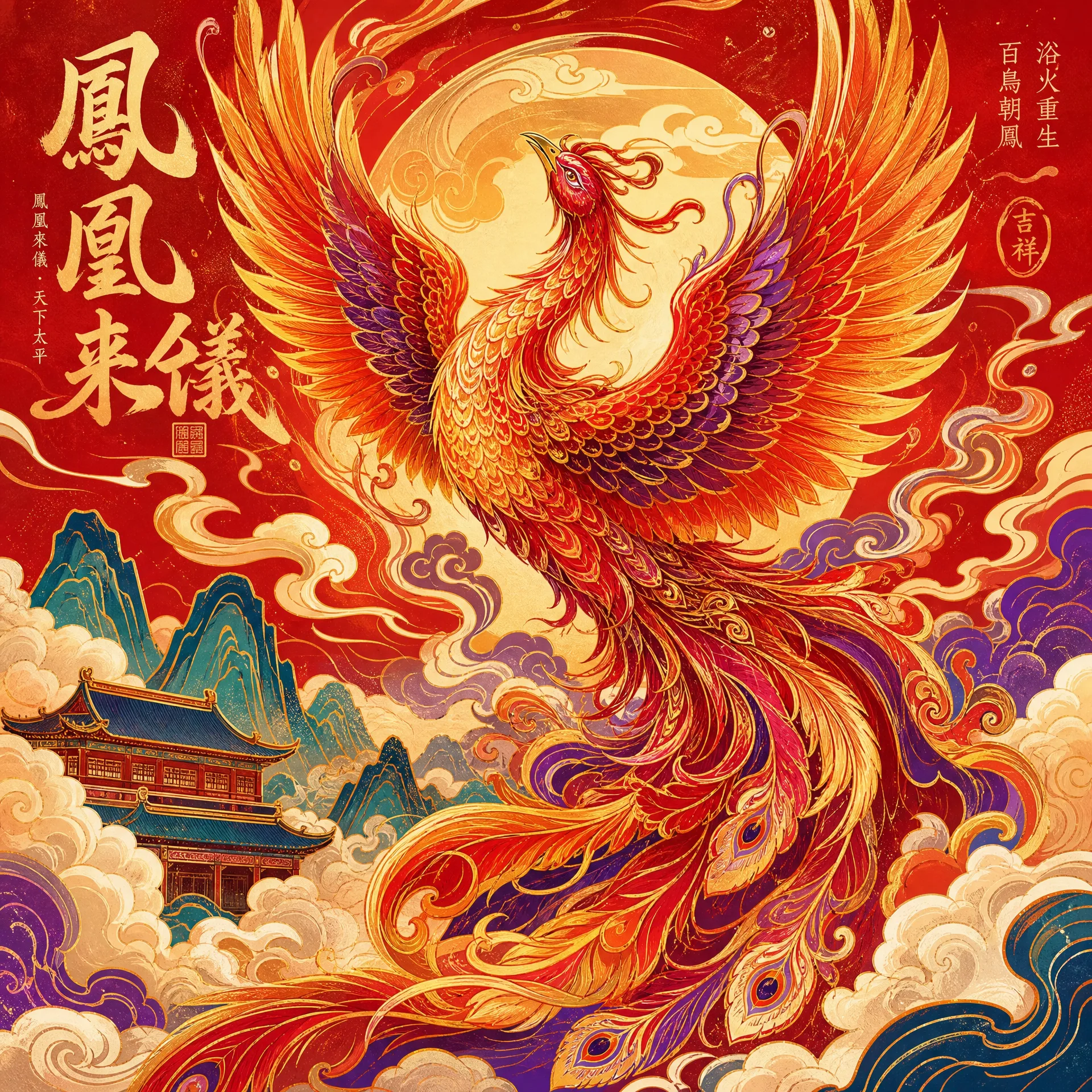 国潮风格凤凰祥云插画